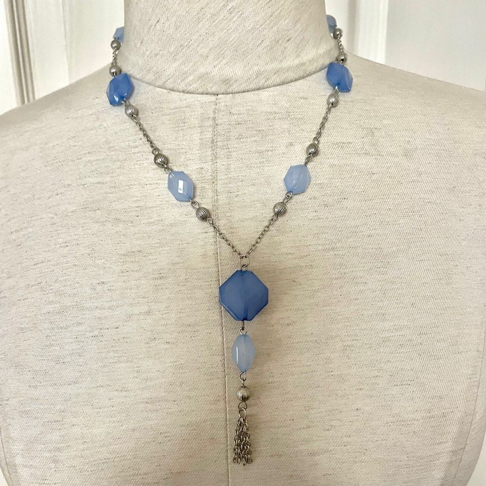 Blue beaded silver tone necklace